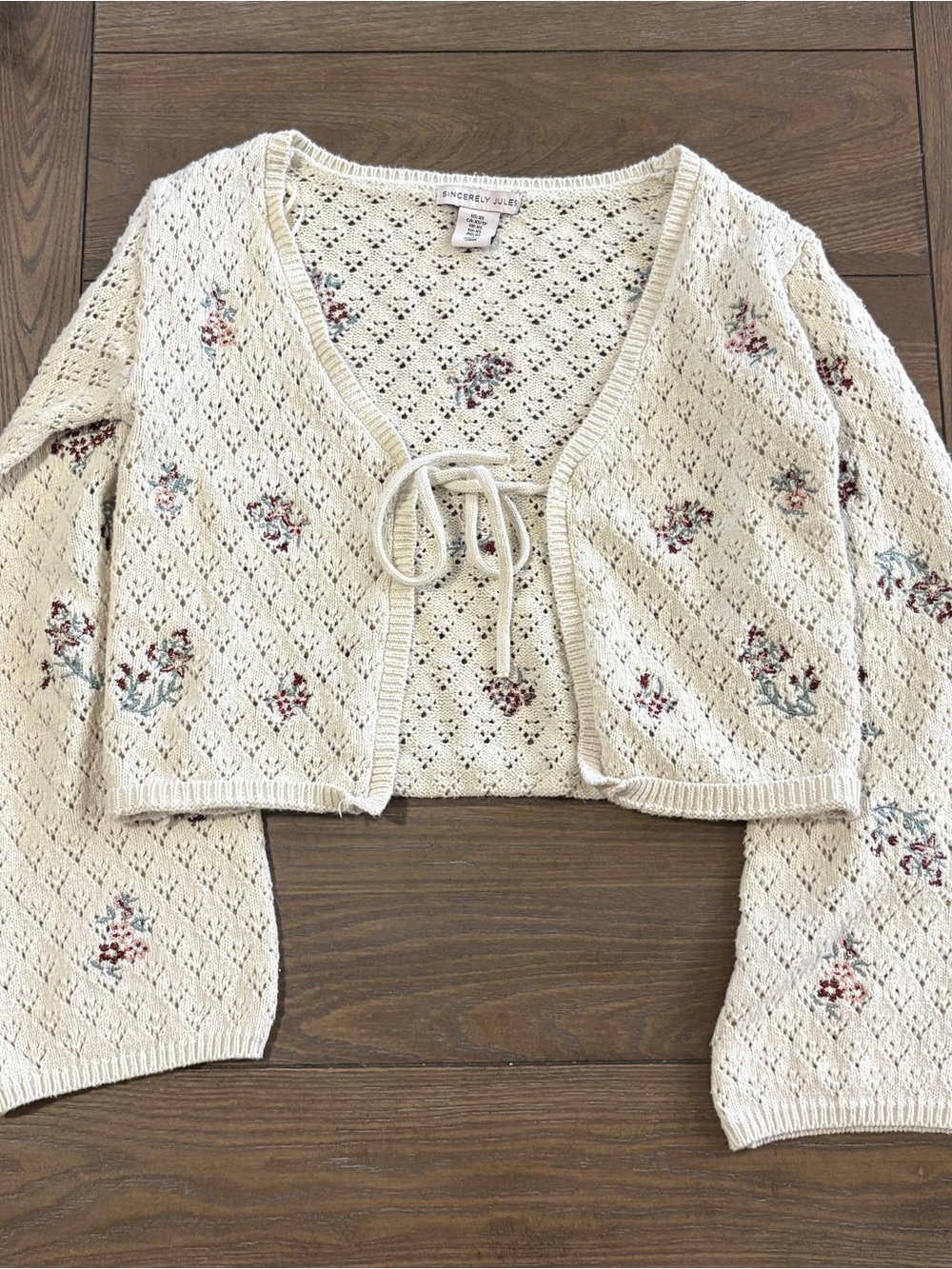 Sincerly Jules Cream Openwork Floral Tie Front Cardigan
